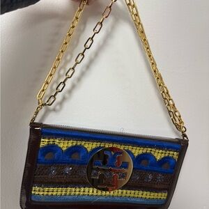 Tory Burch Brown, Blue and Yellow Woven Chain Crossbody